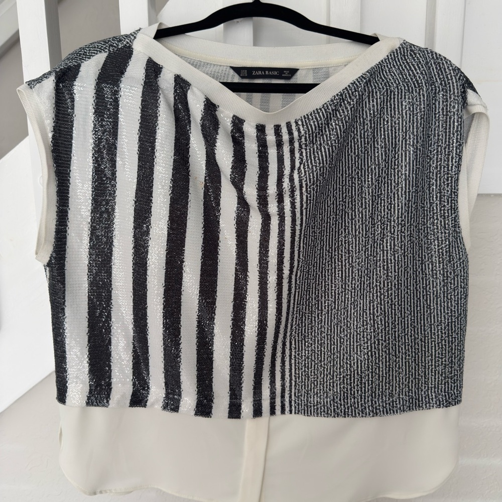 Zara Black & White Striped Sequin Sleeveless Tank